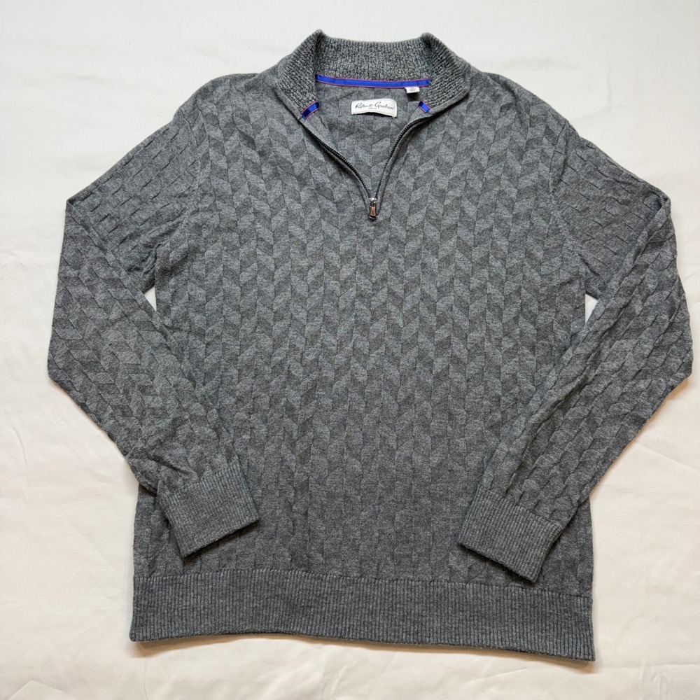 Robert Graham Wool Blend Grey Cable Knit Quarter Zip Sweater Medium Luxe